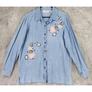 Two Twenty Collection Shirt Womens Large Blue Denim Floral Embroidered Button Up